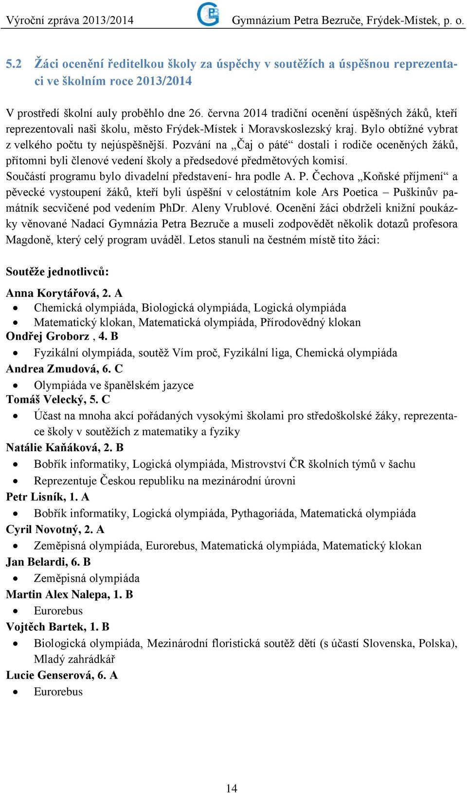 Pozvání na Čaj o páté dostali i rodiče oceněných žáků, přítomni byli členové vedení školy a předsedové předmětových komisí. Součástí programu bylo divadelní představení- hra podle A. P.