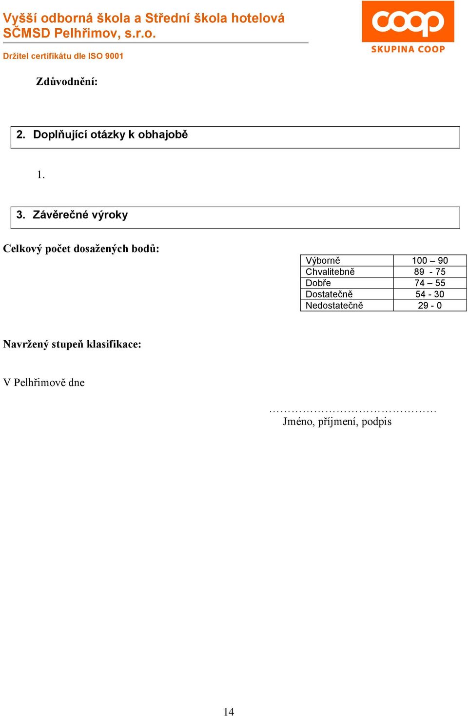 Chvalitebně 89-75 Dobře 74 55 Dostatečně 54-30 Nedostatečně