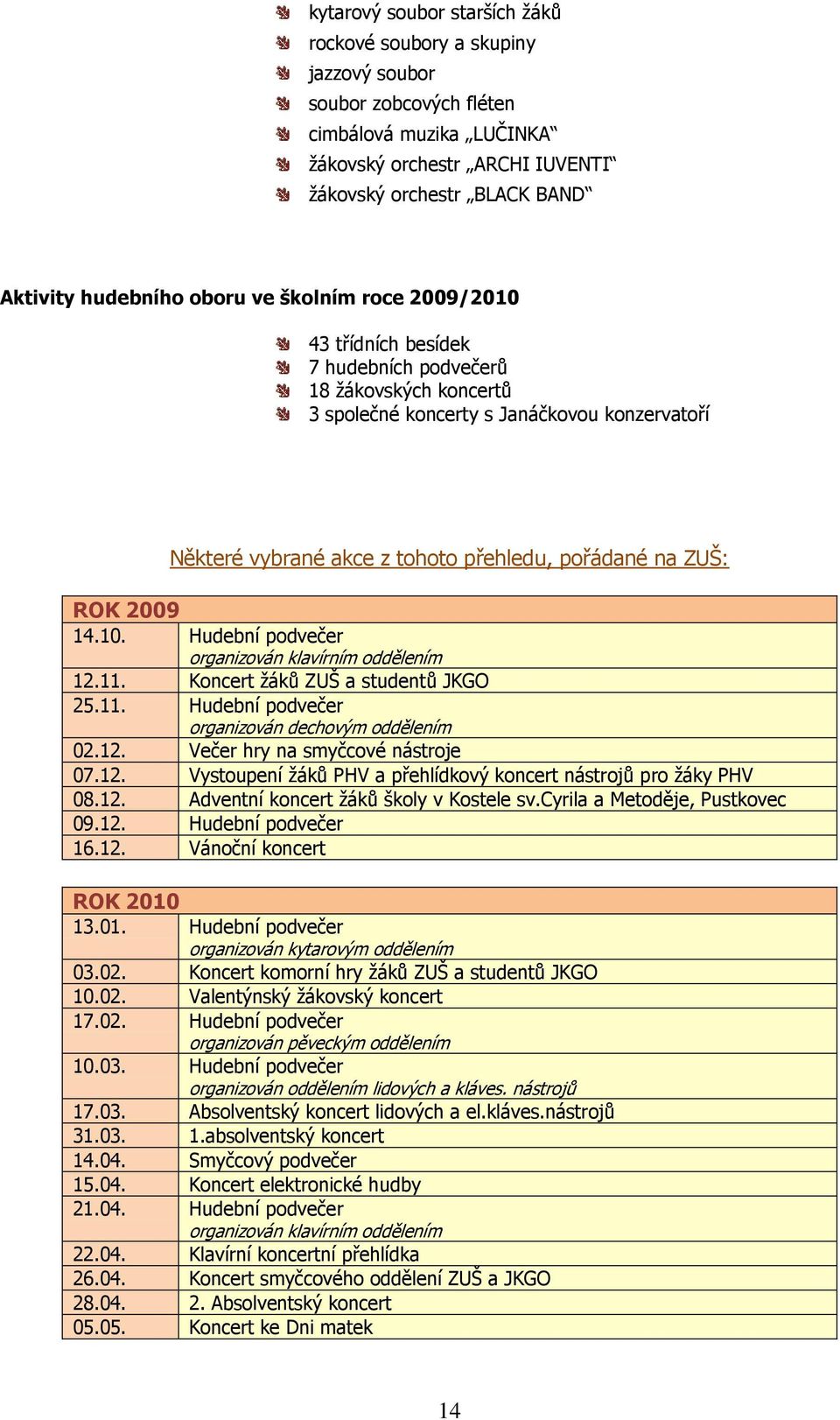 ROK 2009 14.10. Hudební podvečer organizován klavírním oddělením 12.11. Koncert žáků ZUŠ a studentů JKGO 25.11. Hudební podvečer organizován dechovým oddělením 02.12. Večer hry na smyčcové nástroje 07.