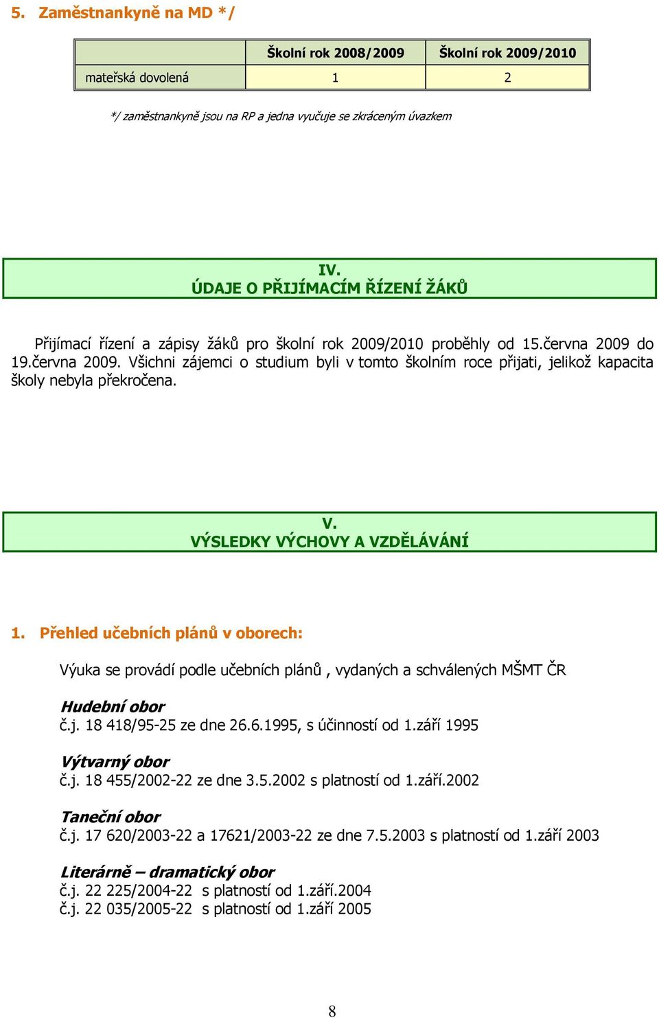 do 19.června 2009. Všichni zájemci o studium byli v tomto školním roce přijati, jelikož kapacita školy nebyla překročena. V. VÝSLEDKY VÝCHOVY A VZDĚLÁVÁNÍ 1.