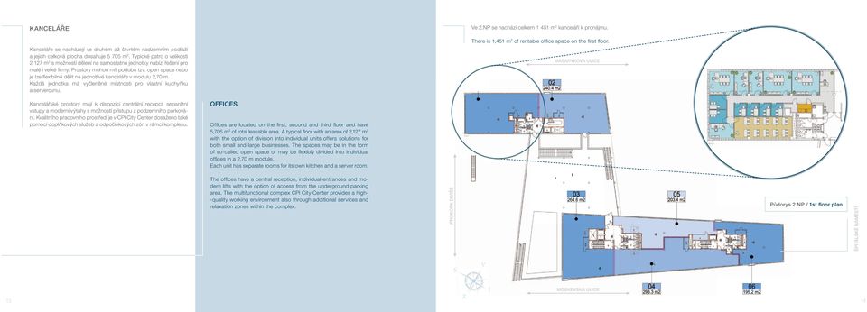 open space nebo je lze fl exibilně dělit na jednotlivé kanceláře v modulu,70 m. Každá jednotka má vyčleněné místnosti pro vlastní kuchyňku a serverovnu. Ve.