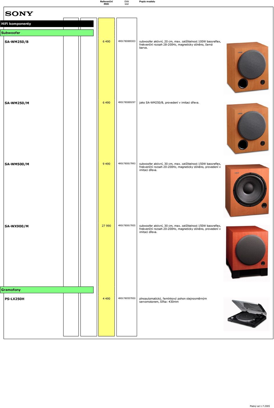 zatížitelnot 150W bareflex, frekvenční rozah 20-200Hz, magneticky tíněno, provedení v imitaci dřeva. SA-WX900/M 27 990 4901780817955 ubwoofer aktivní, 30 cm, max.