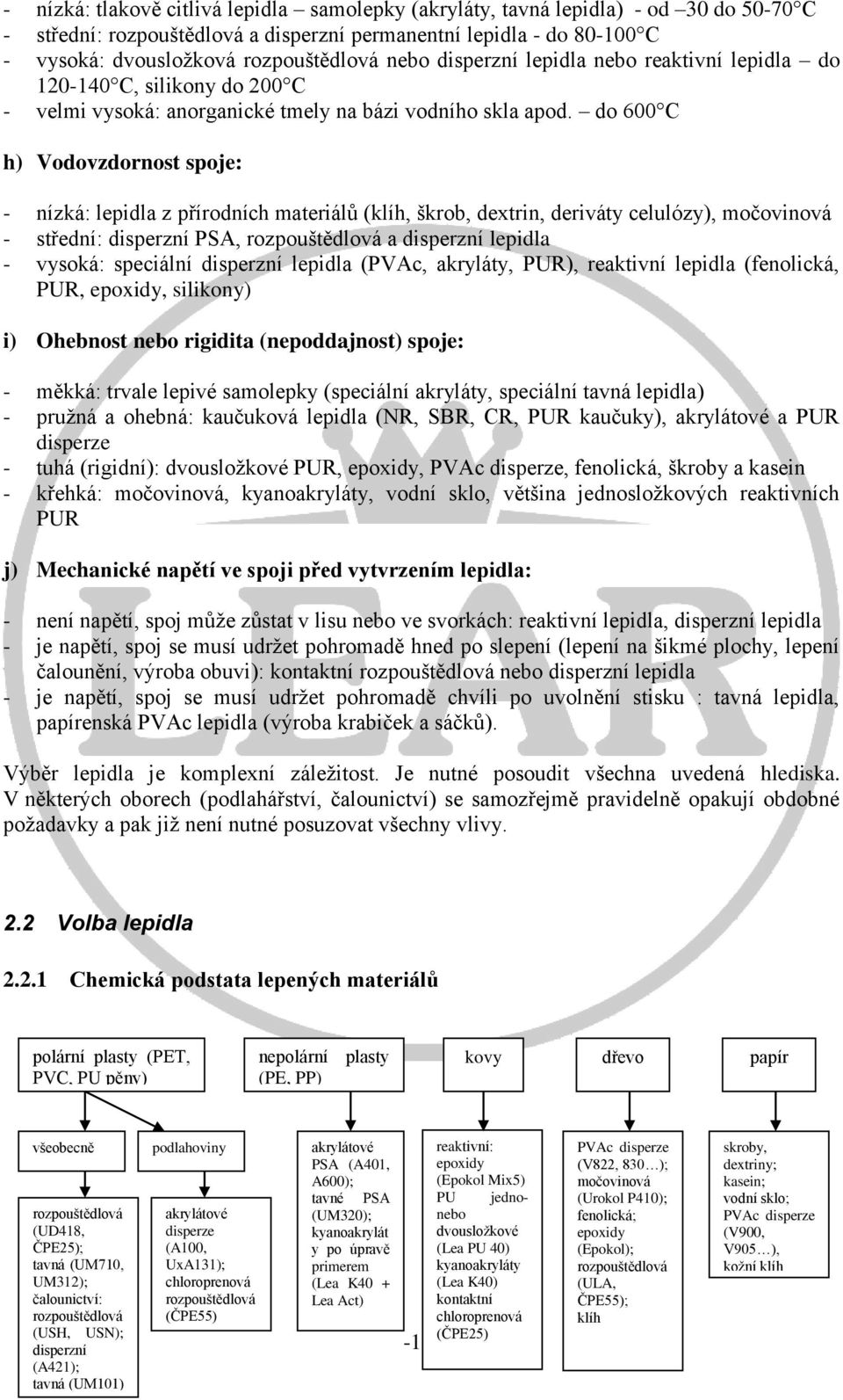 do 600 C h) Vodovzdornost spoje: - nízká: lepidla z přírodních materiálů (klíh, škrob, dextrin, deriváty celulózy), močovinová - střední: disperzní PSA, rozpouštědlová a disperzní lepidla - vysoká: