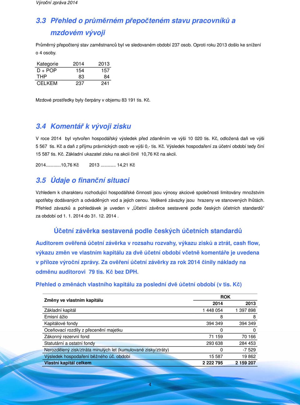 4 Komentář k vývoji zisku V roce 2014 byl vytvořen hospodářský výsledek před zdaněním ve výši 10 020 tis. Kč, odložená daň ve výši 5 567 tis. Kč a daň z příjmu právnických osob ve výši 0,- tis. Kč. Výsledek hospodaření za účetní období tedy činí 15 587 tis.