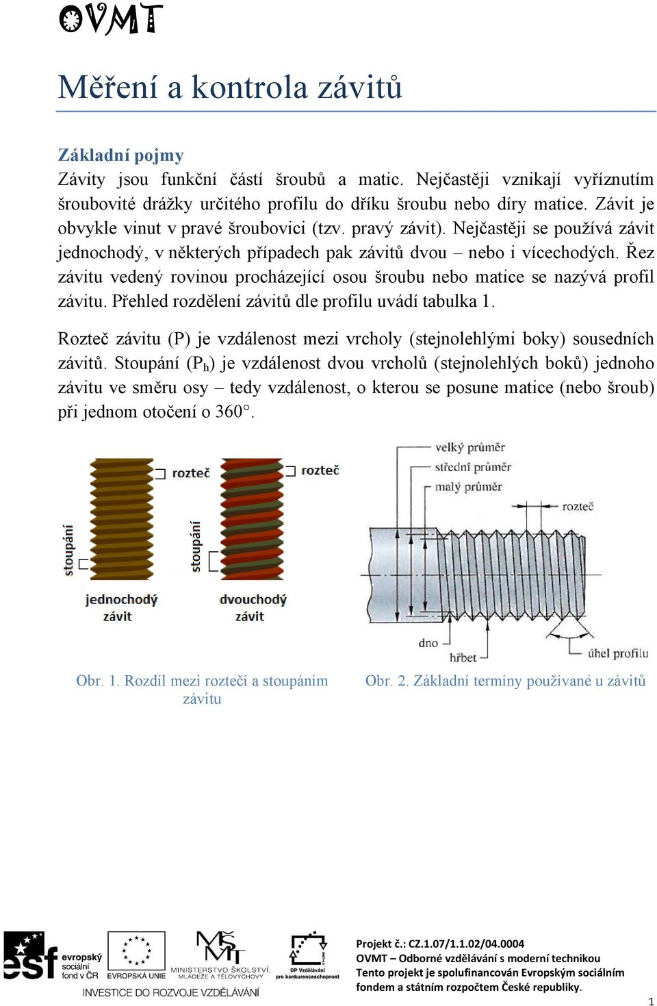 Řez závitu vedený rovinou procházející osou šroubu nebo matice se nazývá profil závitu. Přehled rozdělení závitů dle profilu uvádí tabulka 1.