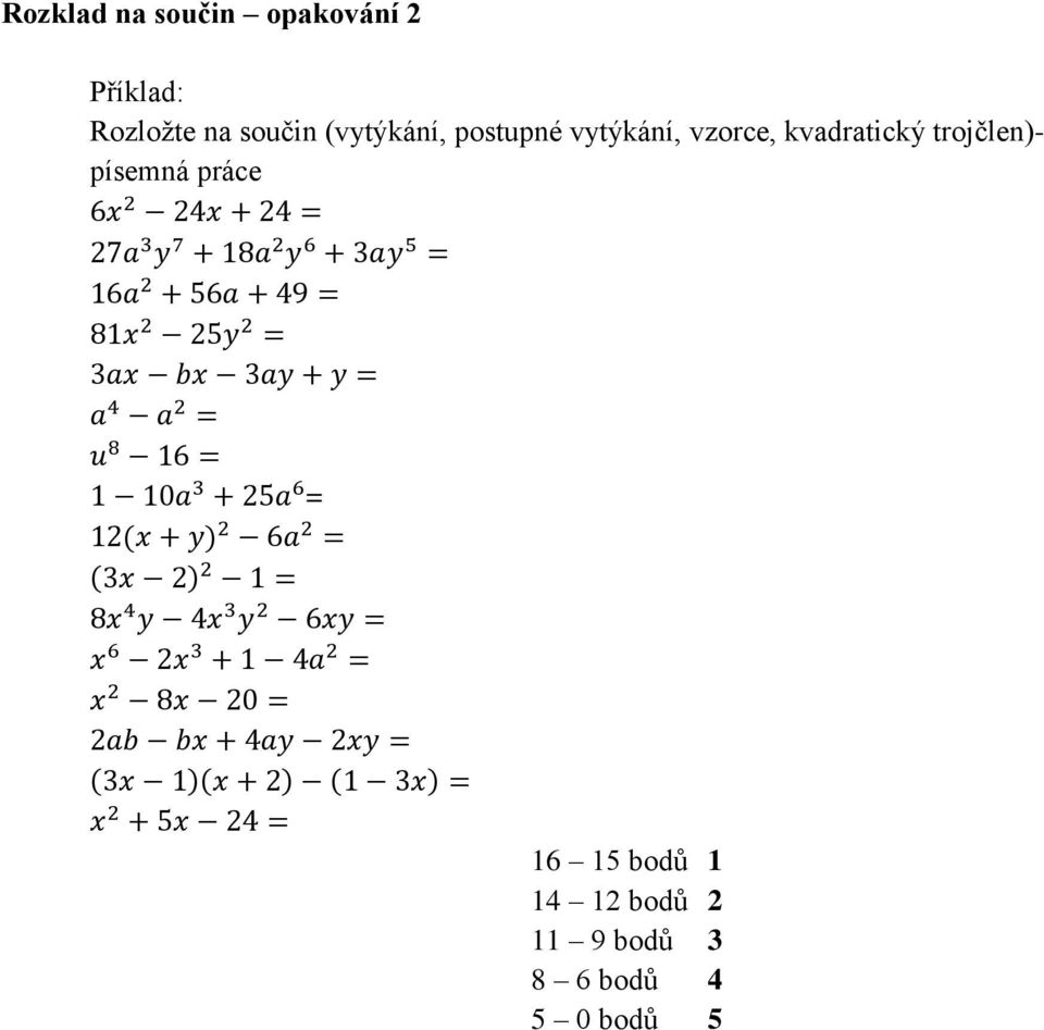 kvadratický trojčlen)- písemná práce = 16 15