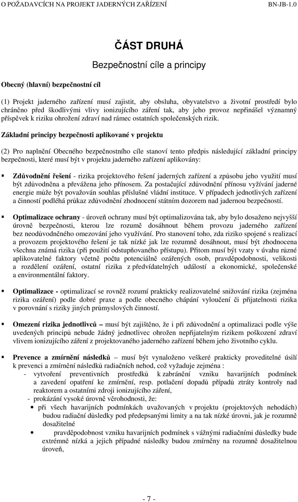 Základní principy bezpečnosti aplikované v projektu (2) Pro naplnění Obecného bezpečnostního cíle stanoví tento předpis následující základní principy bezpečnosti, které musí být v projektu jaderného