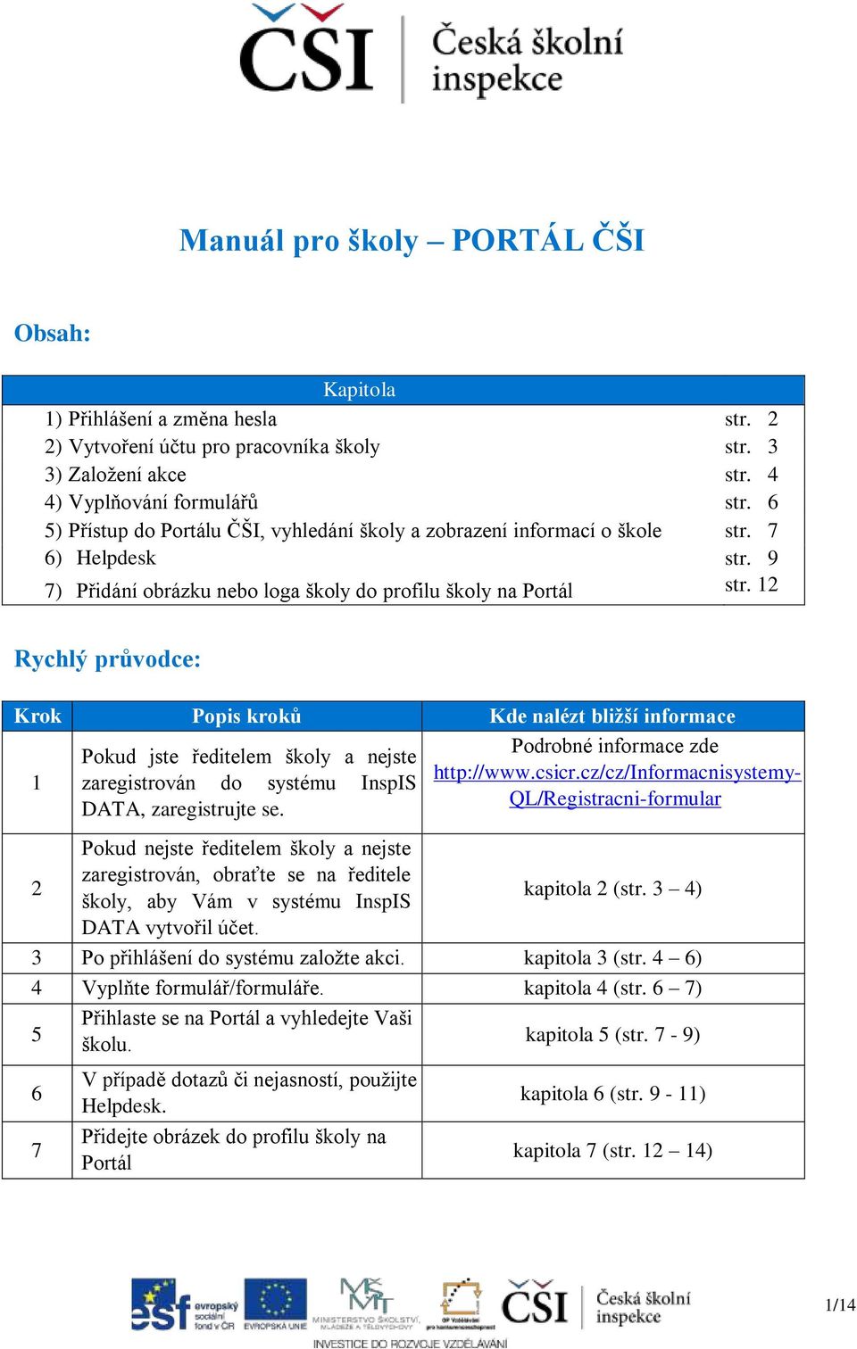 12 Rychlý průvodce: Krok Popis kroků Kde nalézt bližší informace 1 Pokud jste ředitelem školy a nejste zaregistrován do systému InspIS DATA, zaregistrujte se. Podrobné informace zde http://www.csicr.