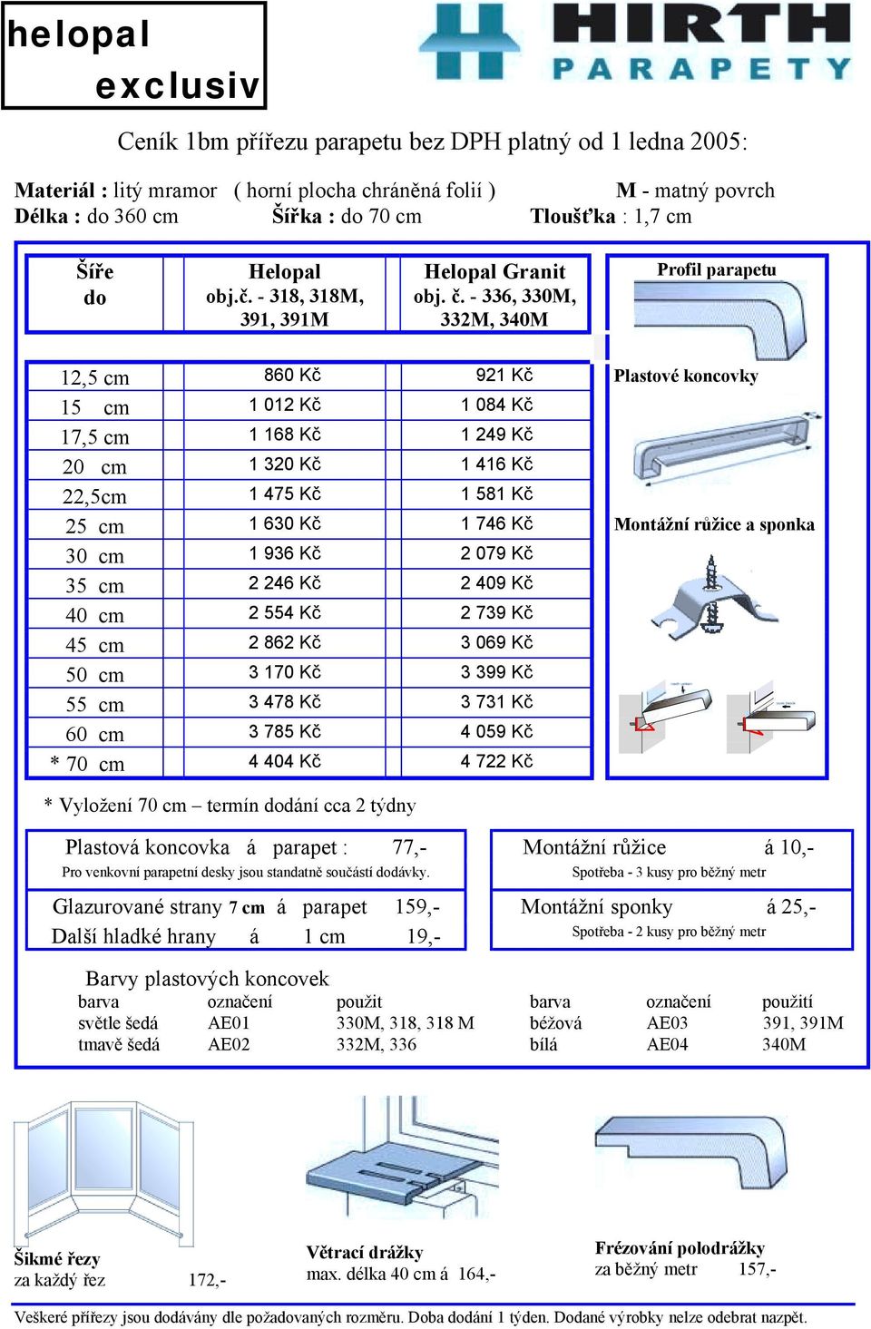 - 336, 330M, 332M, 340M Profil parapetu 12,5 cm 860 Kč 921 Kč Plastové koncovky 15 cm 1 012 Kč 1 084 Kč 17,5 cm 1 168 Kč 1 249 Kč 20 cm 1 320 Kč 1 416 Kč 22,5cm 1 475 Kč 1 581 Kč 25 cm 1 630 Kč 1 746