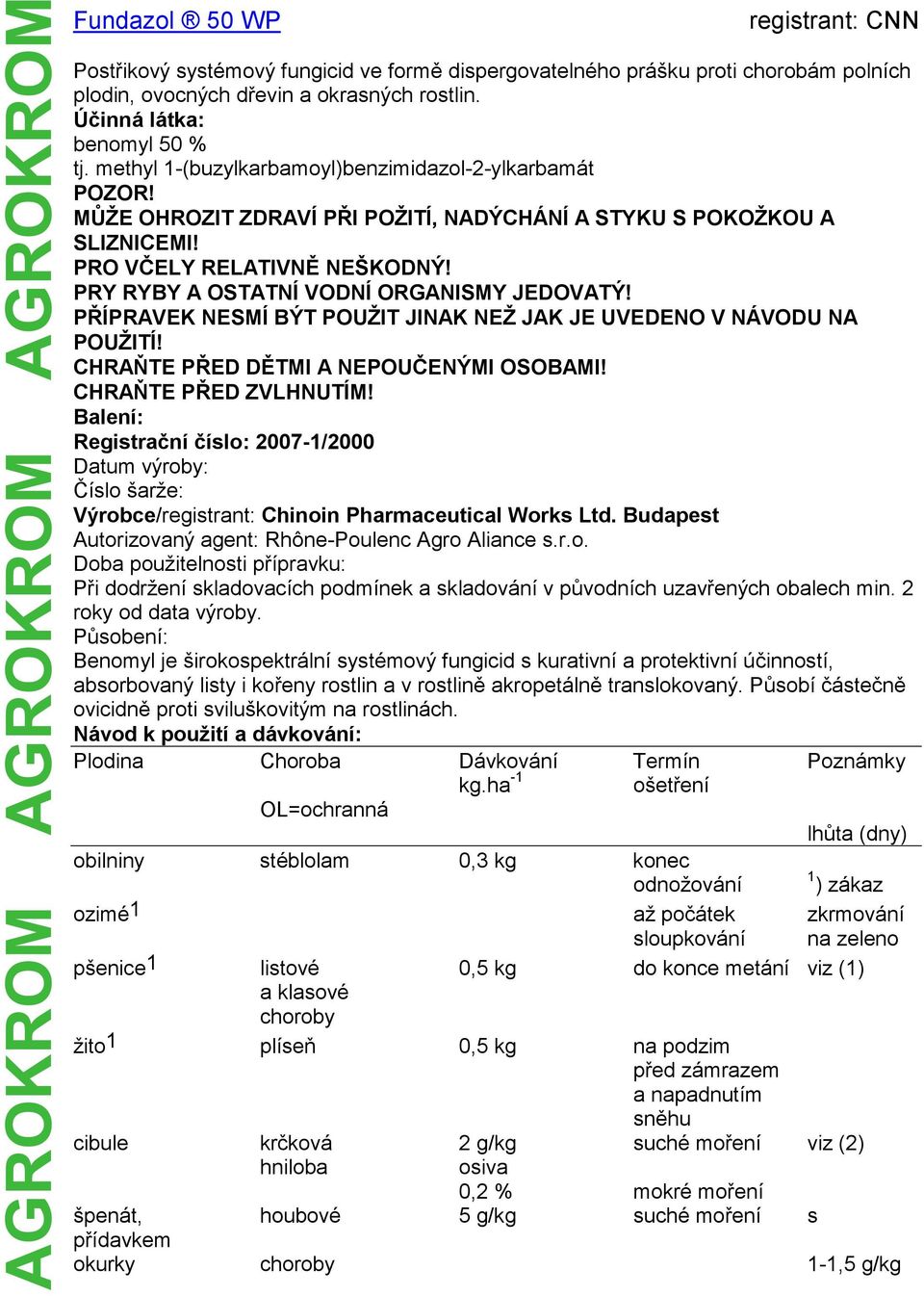 PRY RYBY A OSTATNÍ VODNÍ ORGANISMY JEDOVATÝ! PŘÍPRAVEK NESMÍ BÝT POUŽIT JINAK NEŽ JAK JE UVEDENO V NÁVODU NA POUŽITÍ! CHRAŇTE PŘED DĚTMI A NEPOUČENÝMI OSOBAMI! CHRAŇTE PŘED ZVLHNUTÍM!