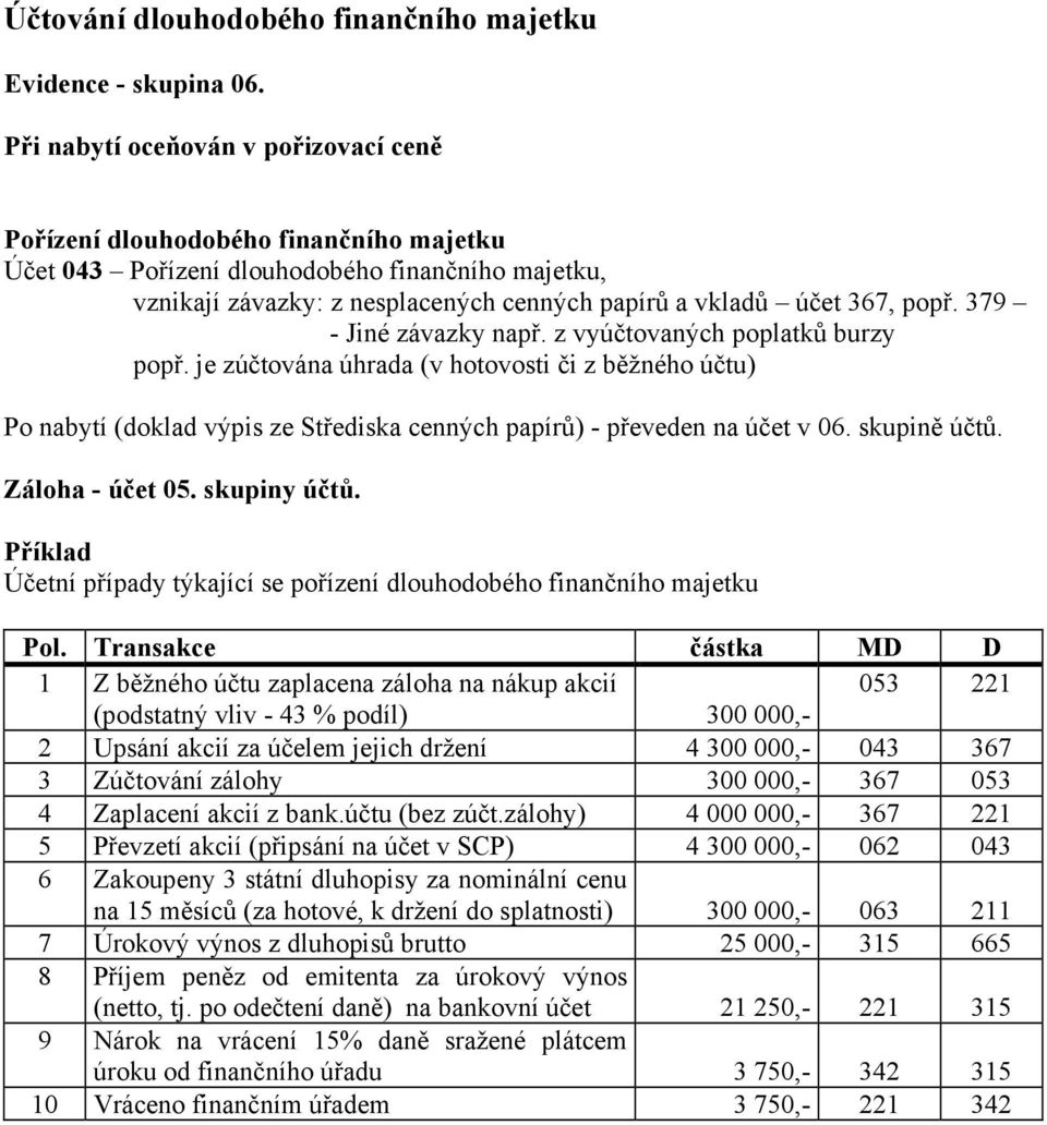 popř. 379 - Jiné závazky např. z vyúčtovaných poplatků burzy popř. je zúčtována úhrada (v hotovosti či z běžného účtu) Po nabytí (doklad výpis ze Střediska cenných papírů) - převeden na účet v 06.