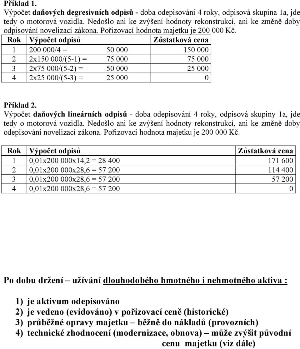 Rok Výpočet odpisů Zůstatková cena 1 200 000/4 = 50 000 150 000 2 2x150 000/(5-1) = 75 000 75 000 3 2x75 000/(5-2) = 50 000 25 000 4 2x25 000/(5-3) = 25 000 0 Příklad 2.