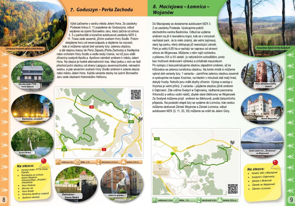 Potom obejdeme horu od severozápadu a dojdeme na rozcestí, kde si můžeme vybrat dvě varianty túry: zelenou stezkou a dál stejnou trasou do Perly Západu (Perła Zachodu) a Siedlęcina nebo vrcholem Hory