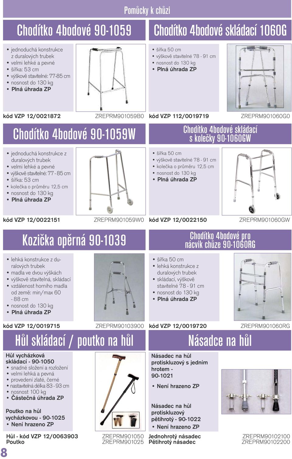 stavitelné: 77-85 cm šířka: 53 cm kolečka o průměru 12,5 cm nosnost do 130 kg Plná úhrada ZP ZREPRM901059B0 kód VZP 112/0019719 Chodítko 4bodové skládací s kolečky 90-1060GW šířka 50 cm výškově