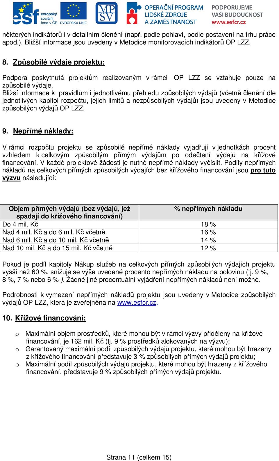 Bližší informace k pravidlům i jednotlivému přehledu způsobilých výdajů (včetně členění dle jednotlivých kapitol rozpočtu, jejich limitů a nezpůsobilých výdajů) jsou uvedeny v Metodice způsobilých