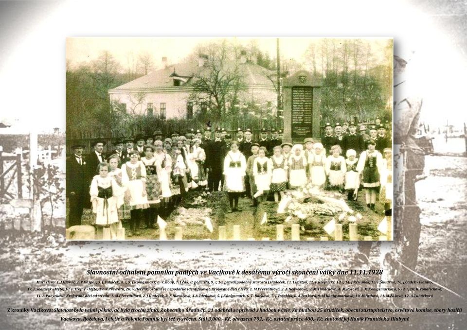 Převrátil, 20. V.Herynk, ostatní se nepodařilo identifikovat. Krojované děti z leva: 1. M.Převrátilová, 2. A.Nedvědová, 3. M.Tuháčková, 4. M.Rosová, 5. M.Königsmarková, 6.-9.?, 10. K.Vondřichová, 11.