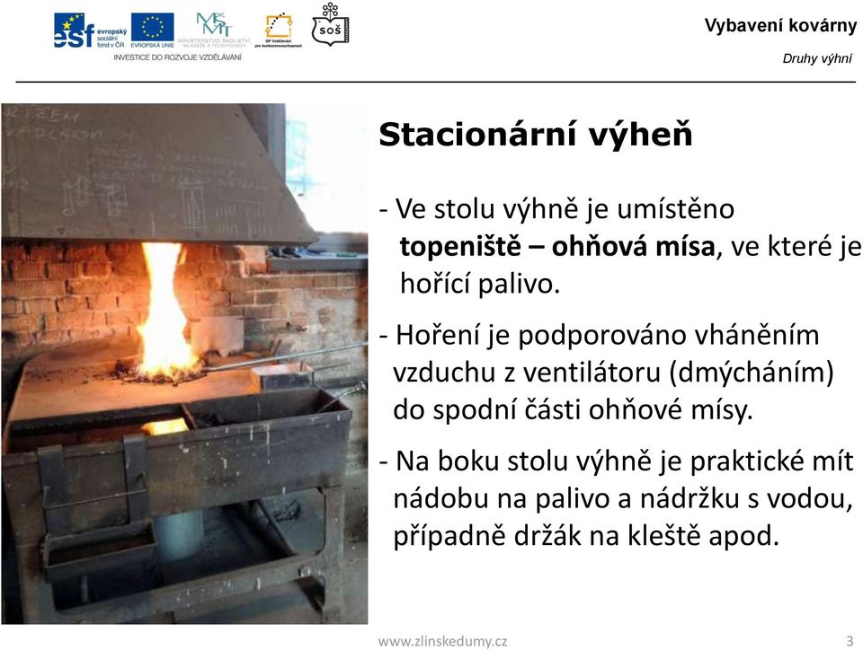 - Hoření je podporováno vháněním vzduchu z ventilátoru (dmýcháním) do spodní