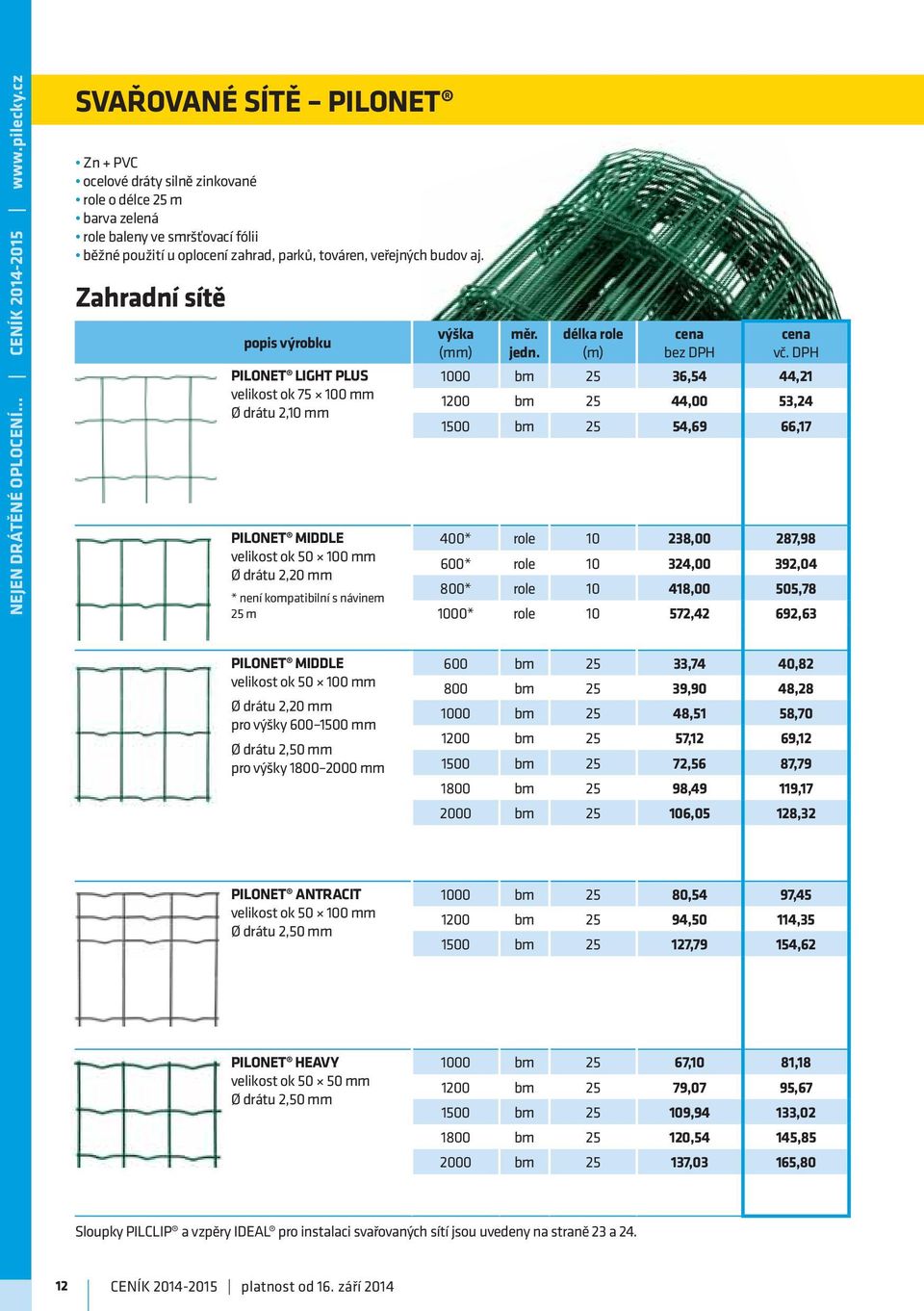 veřejných budov aj. Zahradní sítě PILONET LIGHT PLUS velikost ok 75 100 mm Ø drátu 2,10 mm PILONET MIDDLE velikost ok 50 100 mm Ø drátu 2,20 mm * není kompatibilní s návinem 25 m měr. jedn.