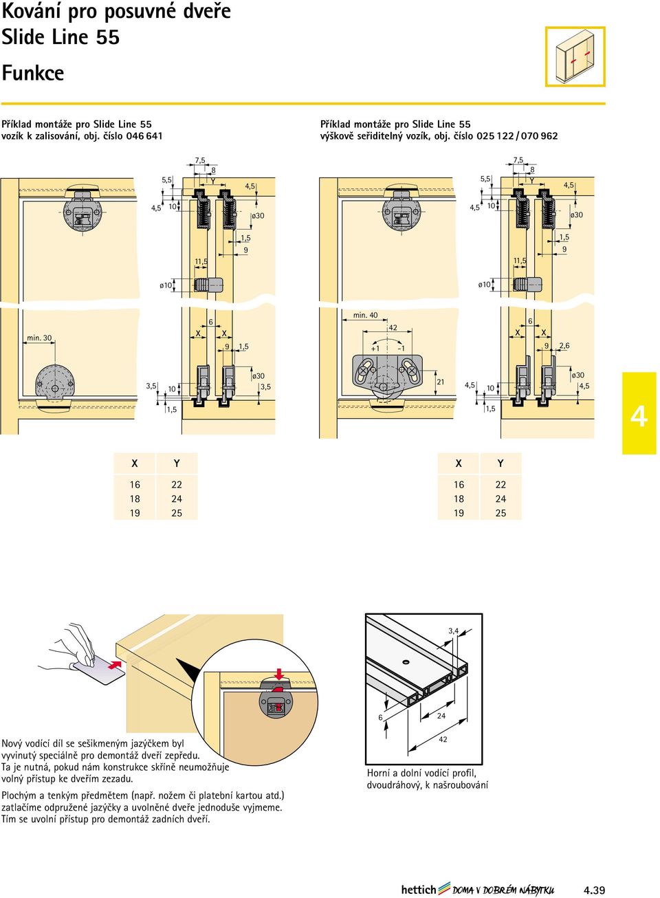 0 6 2 X X +1-1 9 2,6 3,5 10 1,5 ø30 3,5 21,5 10 1,5 ø30,5 X Y X Y 16 22 18 2 19 25 16 22 18 2 19 25 3, 7,5 6 2 Nový vodící díl se sešikmeným jazýčkem byl vyvinutý speciálně pro demontáž dveří zepředu.