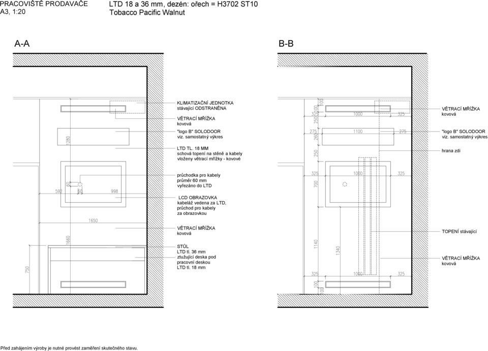 18 MM schová topení na stěně a kabely vloženy větrací mřížky - kovové průchodka pro kabely průměr 60 mm vyřezáno do LTD LCD OBRAZOVKA kabeláž