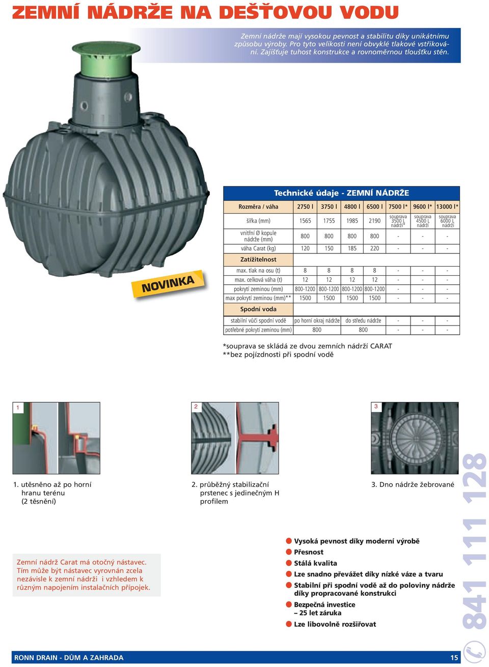 Technické údaje - ZEMNÍ NÁDRŽE NOVINKA Rozměra / váha 2750 l 3750 l 4800 l 6500 l 7500 l* 9600 l* 13000 l* šířka (mm) 1565 1755 1985 2190 souprava 3500 L nádrží* souprava 4500 L nádrží vnitřní Ø