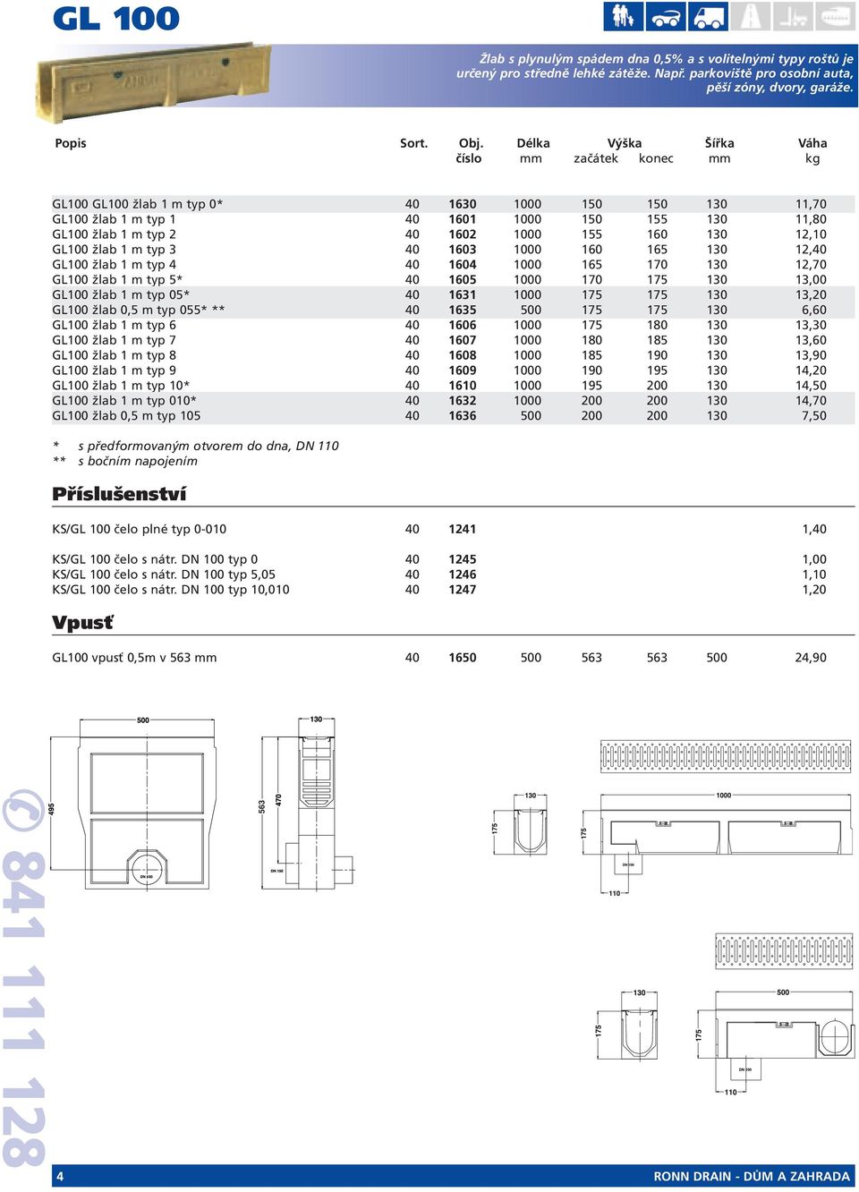 155 160 130 12,10 GL100 žlab 1 m typ 3 40 1603 1000 160 165 130 12,40 GL100 žlab 1 m typ 4 40 1604 1000 165 170 130 12,70 GL100 žlab 1 m typ 5* 40 1605 1000 170 175 130 13,00 GL100 žlab 1 m typ 05*