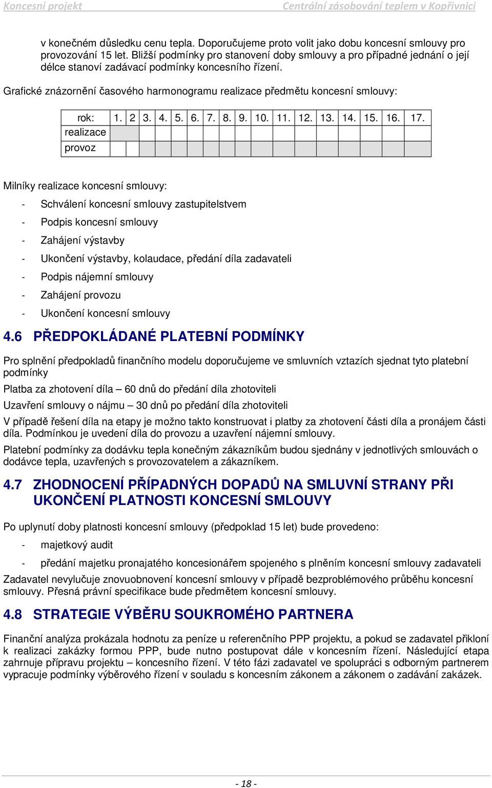 Grafické znázornění časového harmonogramu realizace předmětu koncesní smlouvy: rok: 1. 2 3. 4. 5. 6. 7. 8. 9. 10. 11. 12. 13. 14. 15. 16. 17.