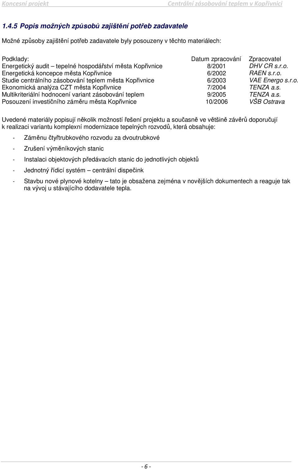 s. Multikriteriální hodnocení variant zásobování teplem 9/2005 TENZA a.s. Posouzení investičního záměru města Kopřivnice 10/2006 VŠB Ostrava Uvedené materiály popisují několik možností řešení