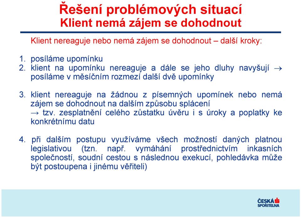 klient nereaguje na žádnou z písemných upomínek nebo nemá zájem se dohodnout na dalším způsobu splácení tzv.