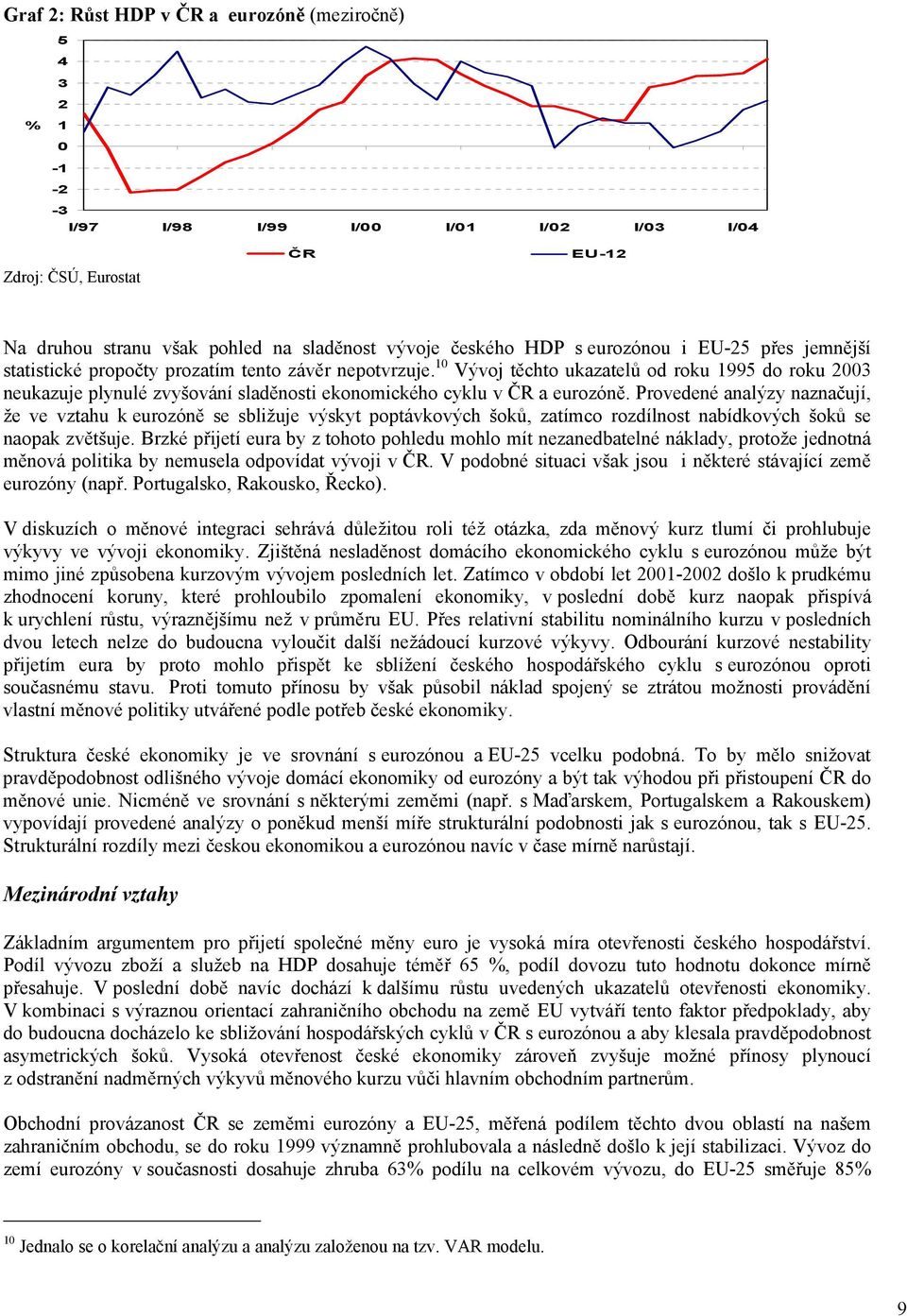 10 Vývoj těchto ukazatelů od roku 1995 do roku 2003 neukazuje plynulé zvyšování sladěnosti ekonomického cyklu v ČR a eurozóně.
