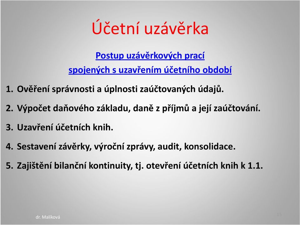 Výpočet daňového základu, daně z příjmů a její zaúčtování. 3. Uzavření účetních knih. 4.