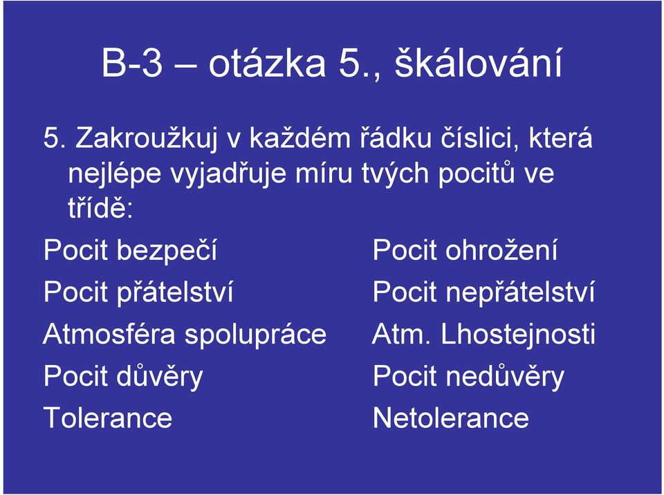 tvých pocitů ve třídě: Pocit bezpečí Pocit ohrožení Pocit