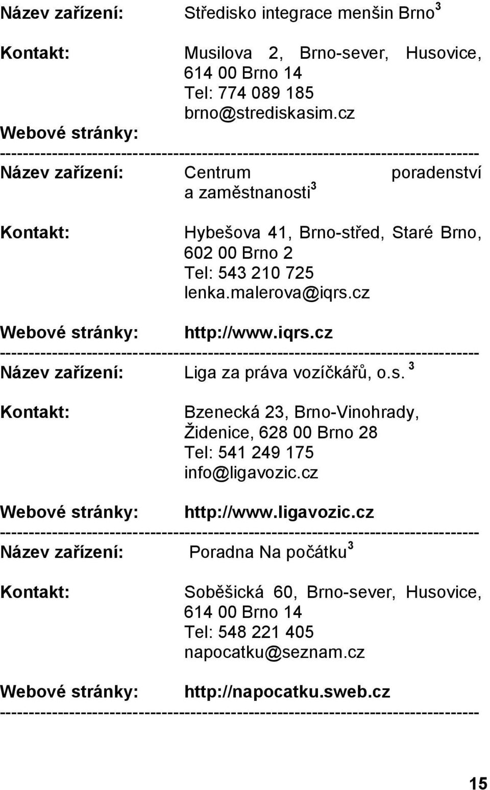 cz http://www.iqrs.cz Název zařízení: Liga za práva vozíčkářů, o.s. 3 Bzenecká 23, Brno-Vinohrady, Židenice, 628 00 Brno 28 Tel: 541 249 175 info@ligavozic.