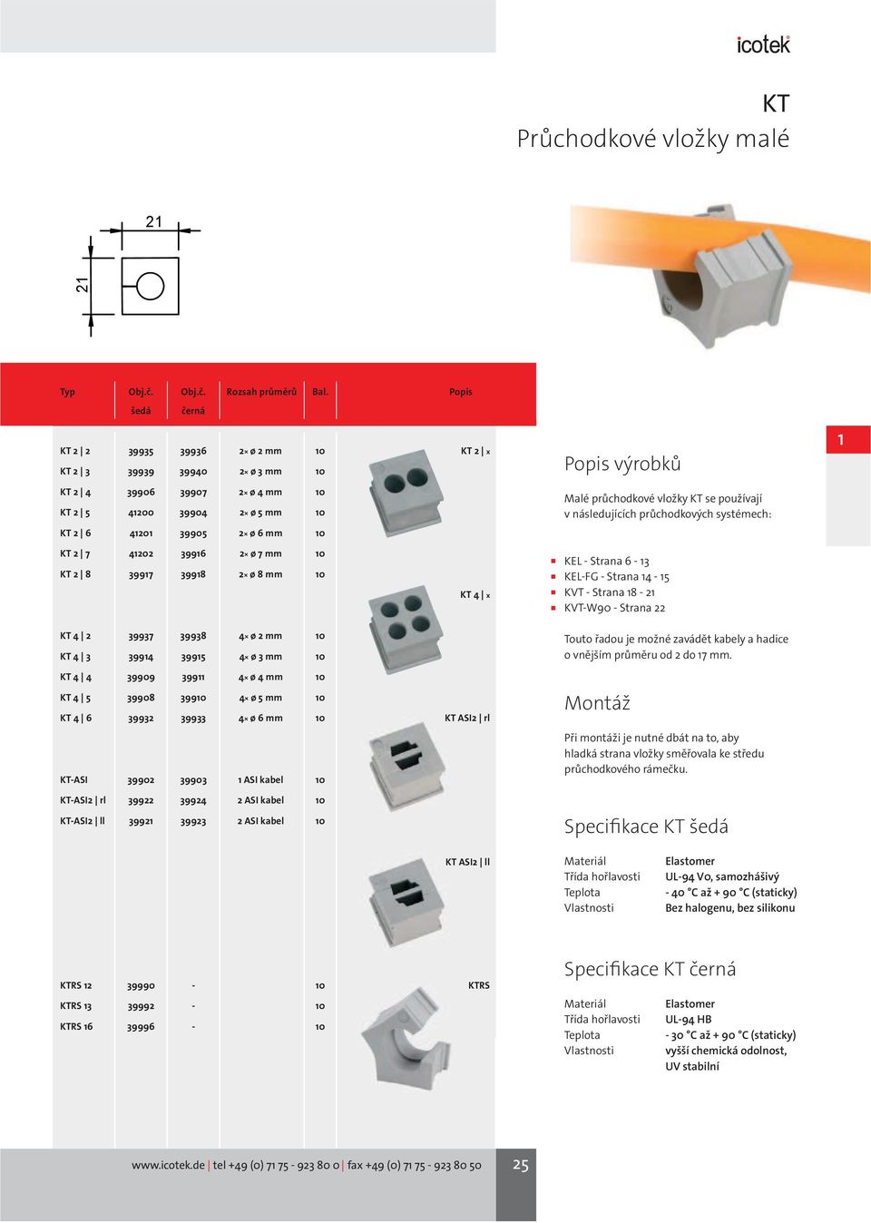 následujících průchodkových systémech: KT 2 7 41202 39916 2 ø 7 mm KT 2 8 39917 39918 2 ø 8 mm KT 4 2 39937 39938 4 ø 2 mm KT 4 3 39914 3991 4 ø 3 mm KT 4 x KEL - Strana 6-13 KEL-FG - Strana 14-1 KVT