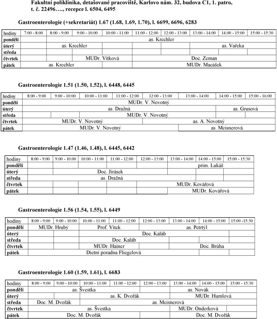 Krechler MUDr. Macášek Gastroenterologie 1.51 (1.50, 1.52), l. 6448, 6445 12:00-13:00 13:00-14:00 14:00-15:00 15:00-16:00 as. Dražná as. Grusová as. A. Novotný as. Meisnerová Gastroenterologie 1.