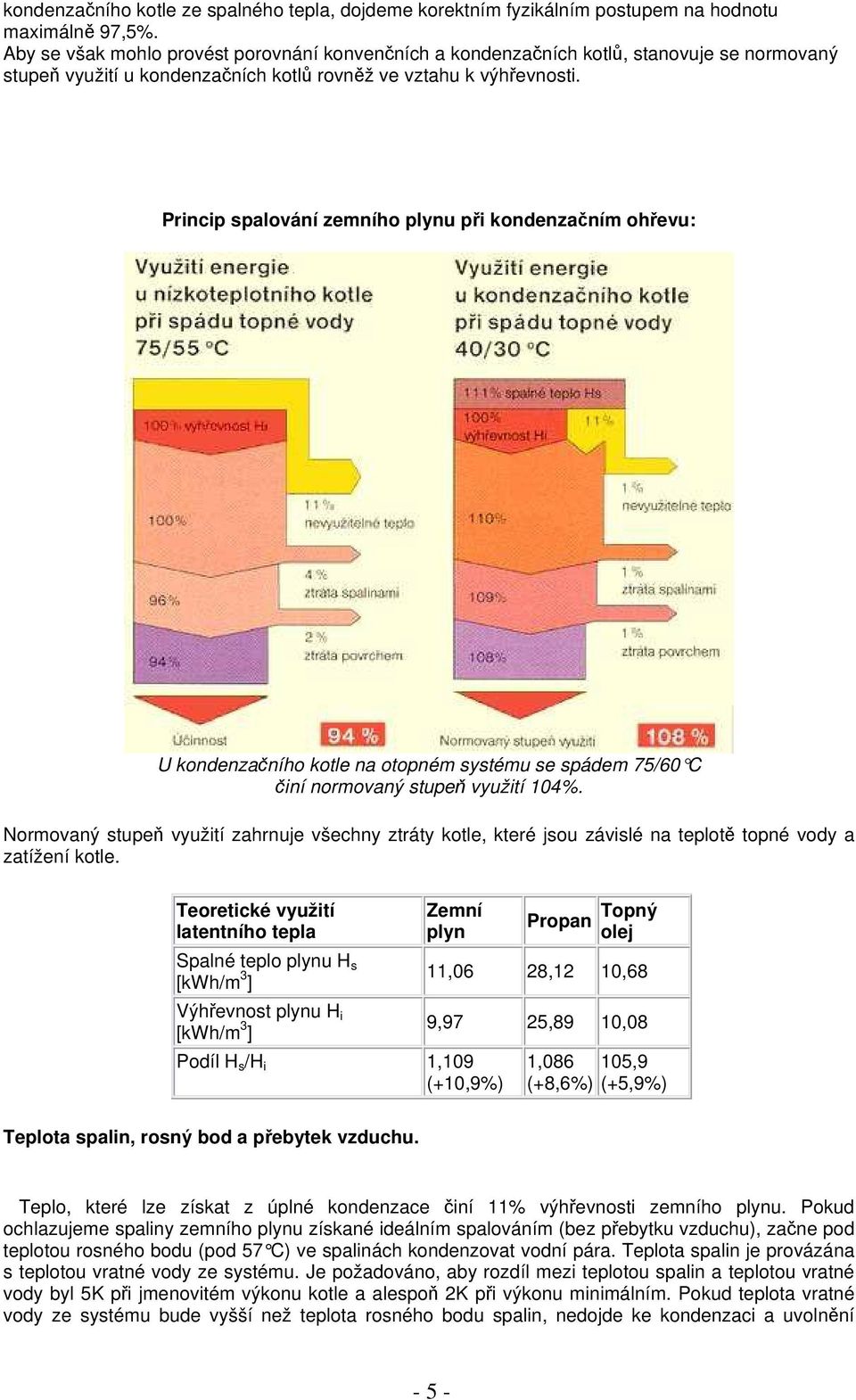 Princip spalování zemního plynu při kondenzačním ohřevu: U kondenzačního kotle na otopném systému se spádem 75/60 C činí normovaný stupeň využití 104%.