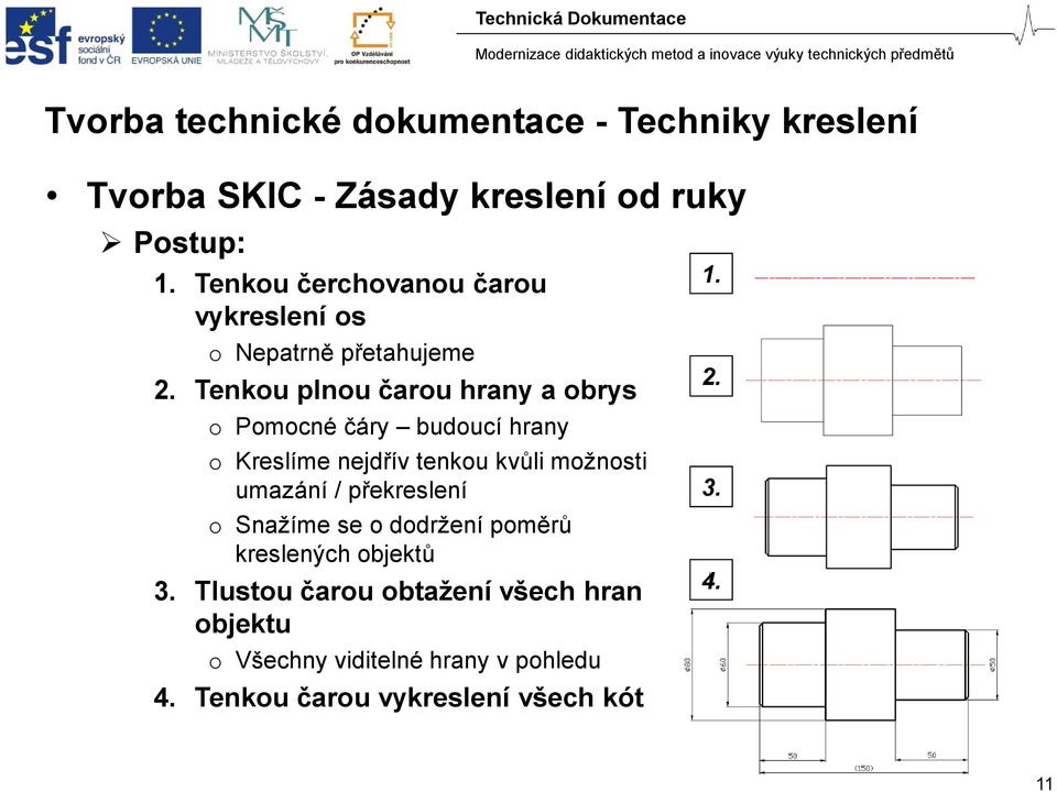 Tenkou plnou čarou hrany a obrys o Pomocné čáry budoucí hrany o Kreslíme nejdřív tenkou kvůli možnosti umazání /