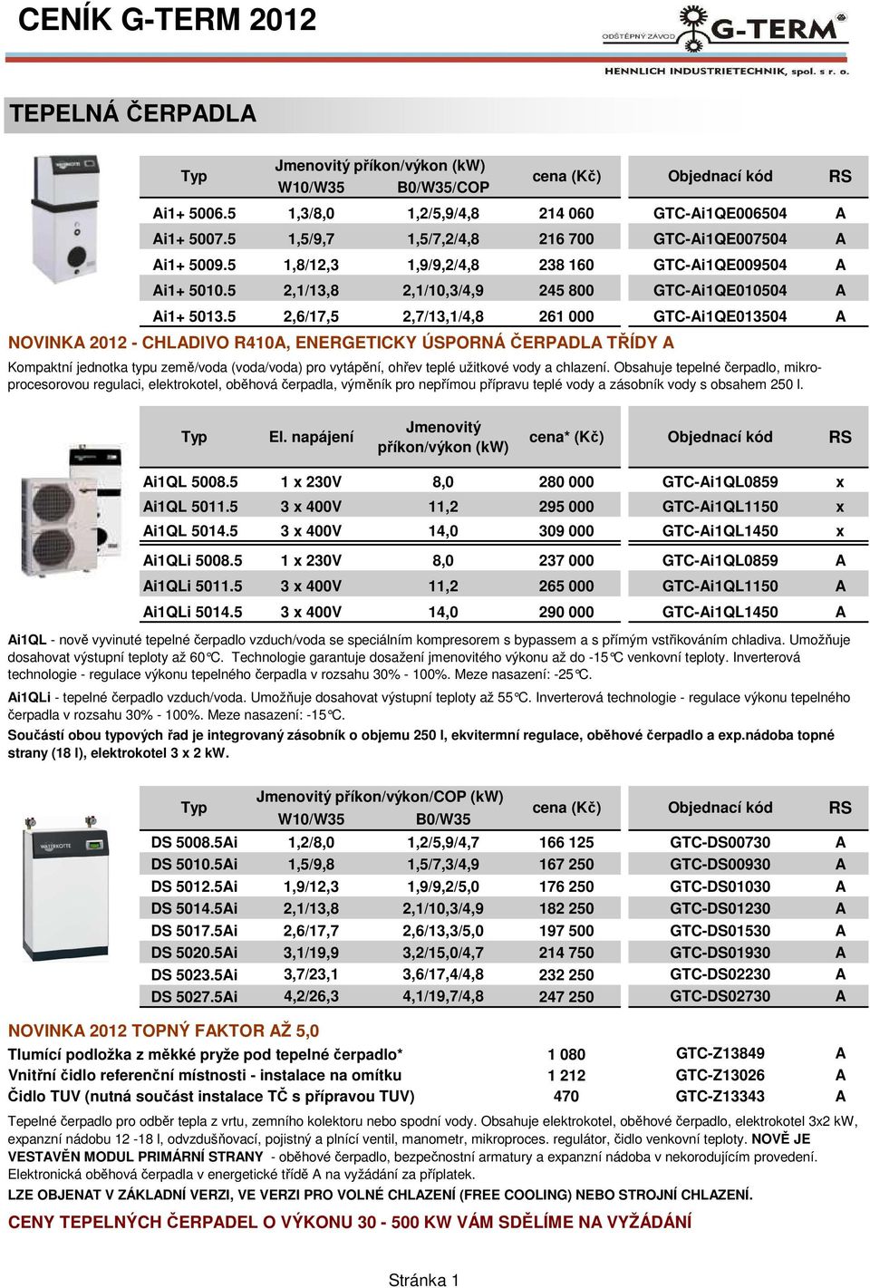 5 2,6/17,5 2,7/13,1/4,8 261 000 GTC-i1QE013504 NOVINK 2012 - CHLDIVO R410, ENERGETICKY ÚSPORNÁ ČERPDL TŘÍDY Kompaktní jednotka typu země/voda (voda/voda) pro vytápění, ohřev teplé užitkové vody a