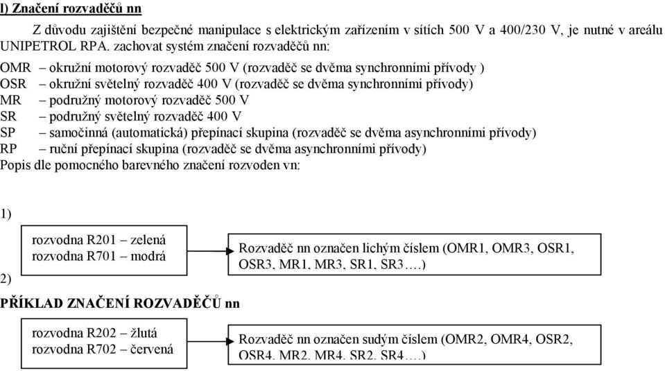 podružný motorový rozvaděč 500 V SR podružný světelný rozvaděč 400 V SP samočinná (automatická) přepínací skupina (rozvaděč se dvěma asynchronními přívody) RP ruční přepínací skupina (rozvaděč se