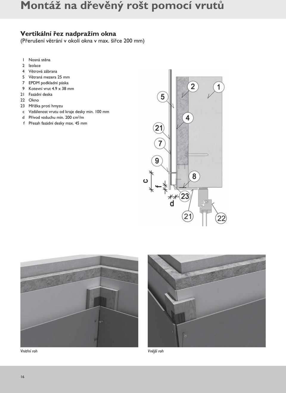 šířce 200 mm) 2 Izolace 4 Větrová zábrana 7 EPDM podkladní páska 9 Kotevní vrut 4.