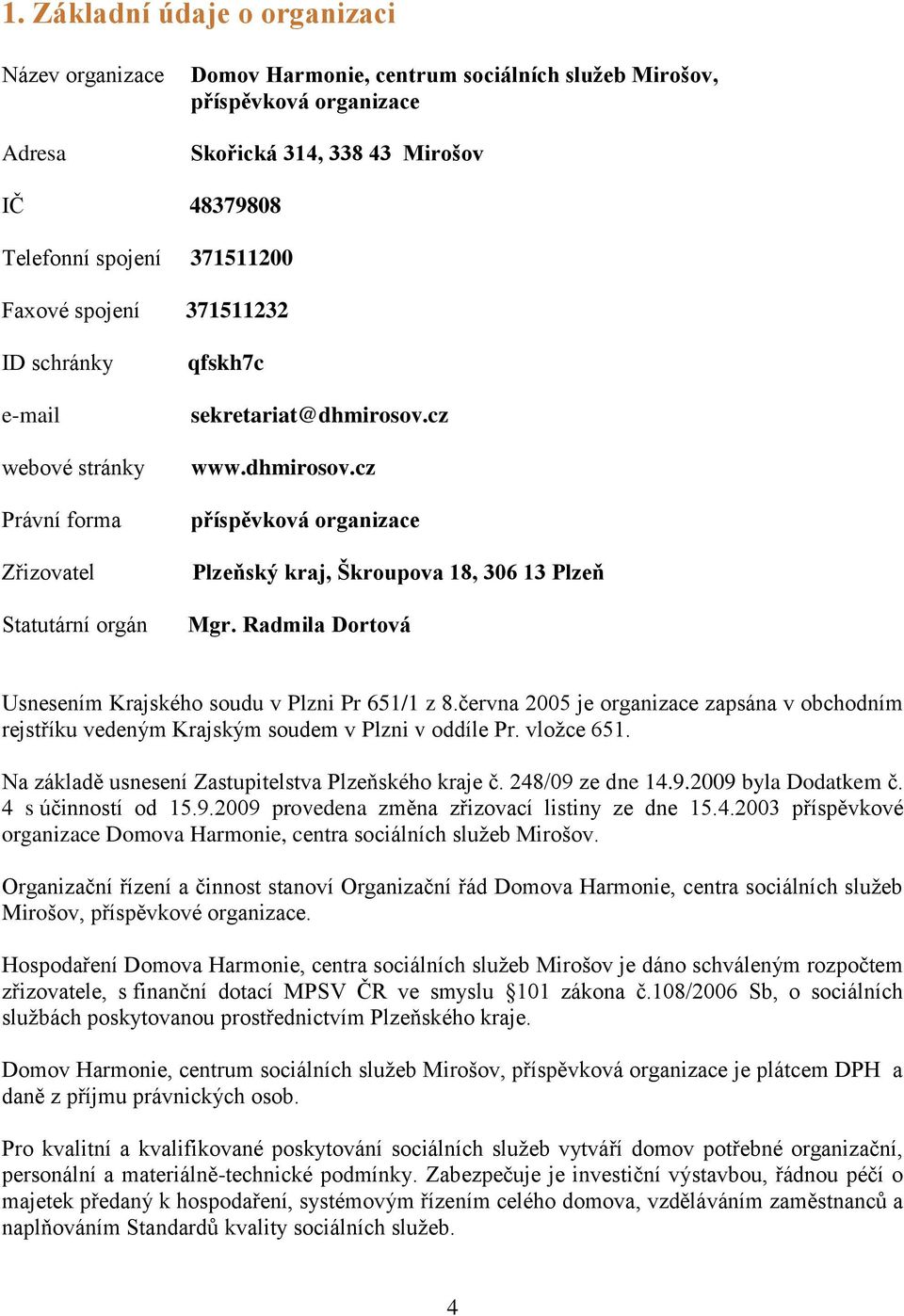 cz www.dhmirosov.cz příspěvková organizace Plzeňský kraj, Škroupova 18, 306 13 Plzeň Mgr. Radmila Dortová Usnesením Krajského soudu v Plzni Pr 651/1 z 8.