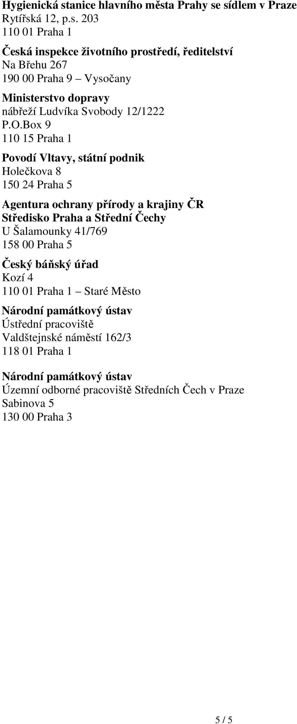 Šalamounky 41/769 158 00 Praha 5 Český báňský úřad Kozí 4 Staré Město Národní památkový ústav Ústřední pracoviště Valdštejnské náměstí 162/3 118 01 Praha 1