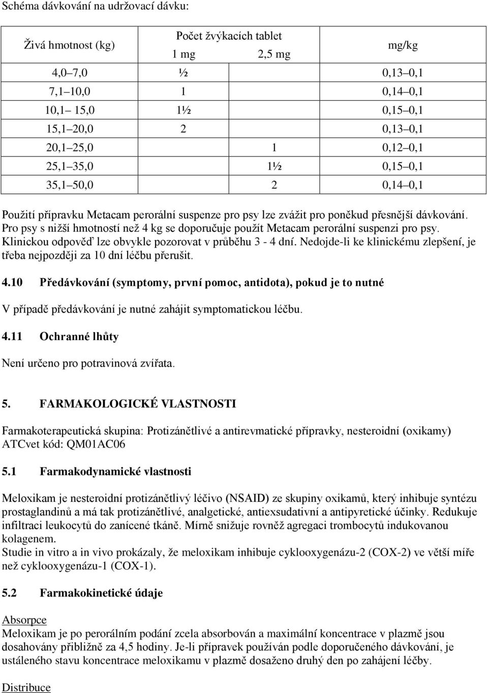 Pro psy s nižší hmotností než 4 kg se doporučuje použít Metacam perorální suspenzi pro psy. Klinickou odpověď lze obvykle pozorovat v průběhu 3-4 dní.