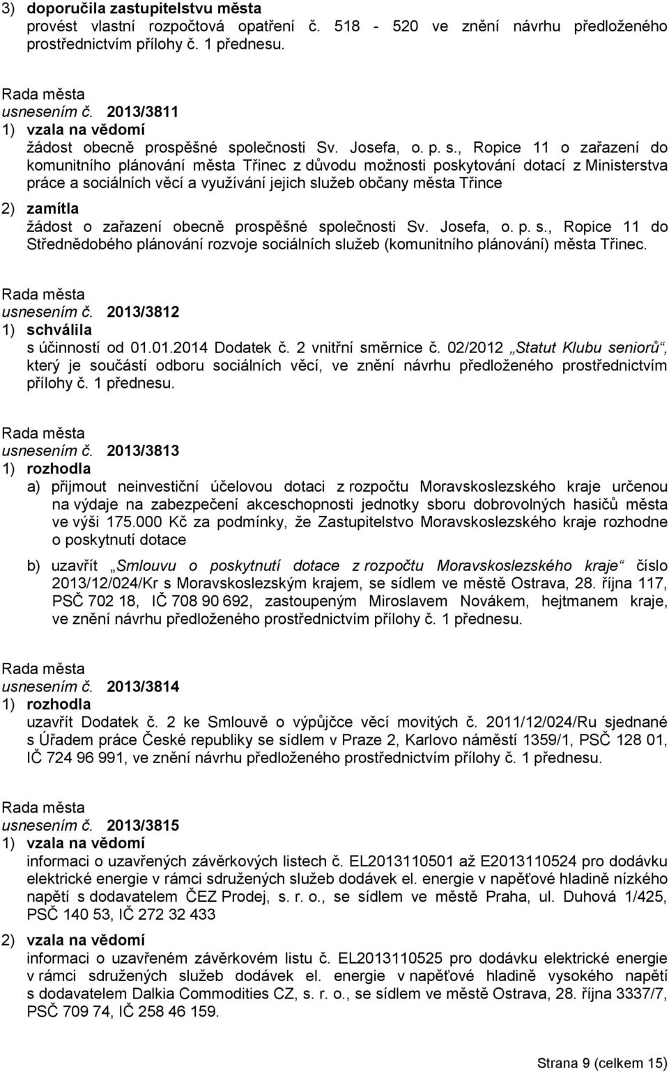 , Ropice 11 o zařazení do komunitního plánování města Třinec z důvodu možnosti poskytování dotací z Ministerstva práce a sociálních věcí a využívání jejich služeb občany města Třince 2) zamítla