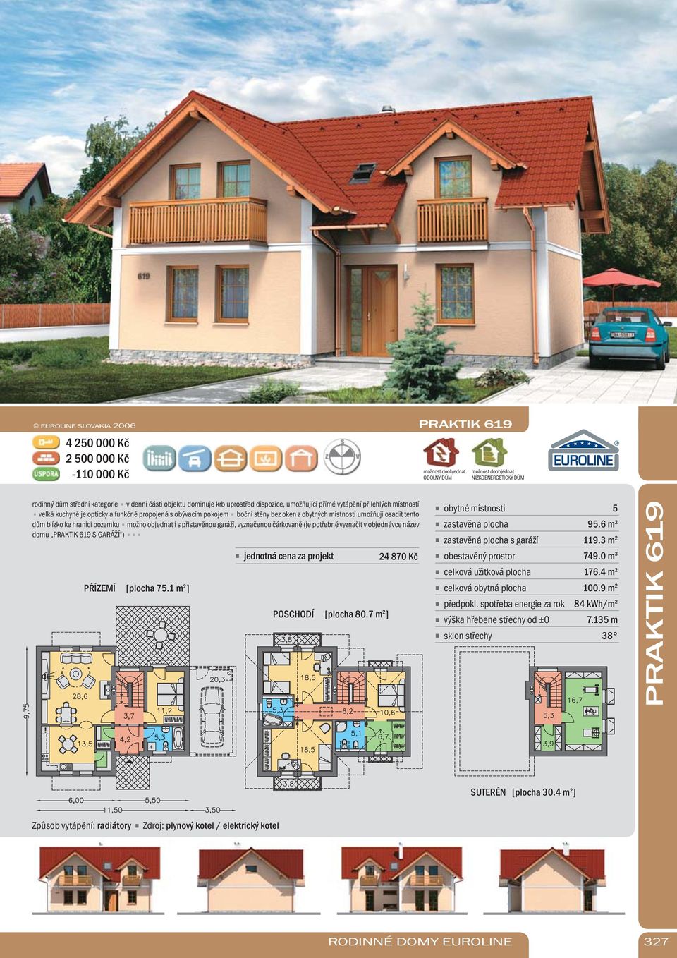 přistavěnou garáží, vyznačenou čárkovaně (je potřebné vyznačit v objednávce název domu PRAKTIK 619 S GARÁŽÍ ) [plocha 71 m 2 ] POSCHODÍ [plocha 807 m 2 ] PRAKTIK 619 s garáží předpokl