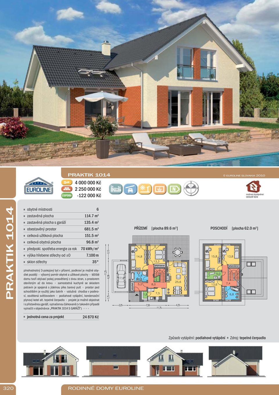 v podkroví, osvětlená světlovodem podlahové vytápění, kondenzační plynový kotel alt tepelné čerpadlo projekt je možné objednat i s přistavěnou garáží, vyznačenou čárkovaně (v takovém případě vyznačit