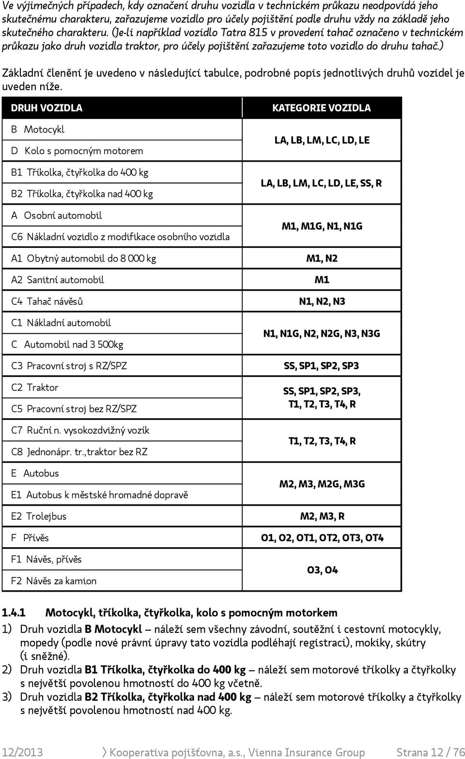 ) Základní členění je uvedeno v následující tabulce, podrobné popis jednotlivých druhů vozidel je uveden níže.