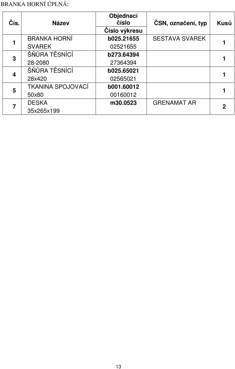 HORNÍ b05.655 SESTAVA SVAREK SVAREK 05655 ŠŇŮRA TĚSNÍCÍ b73.