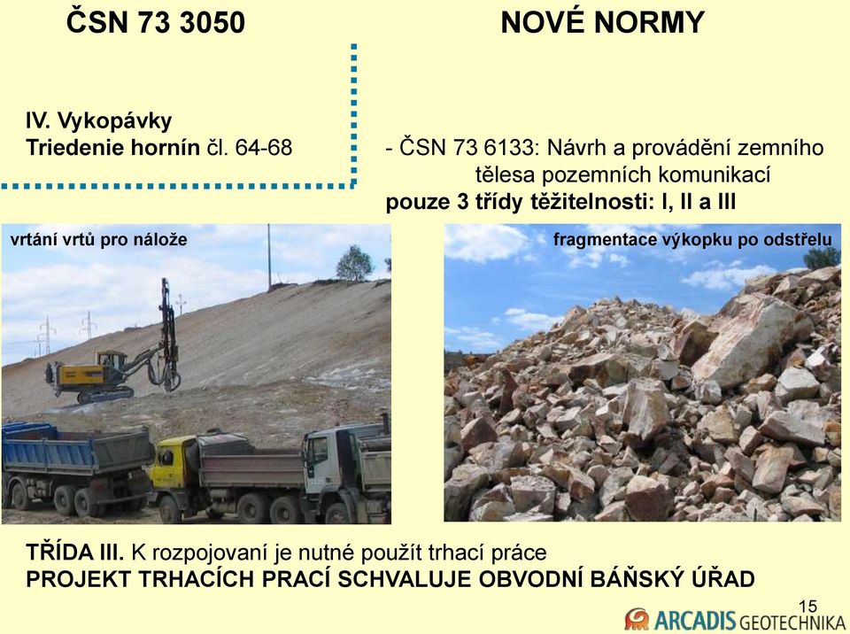pozemních komunikací pouze 3 třídy těžitelnosti: I, II a III fragmentace výkopku po
