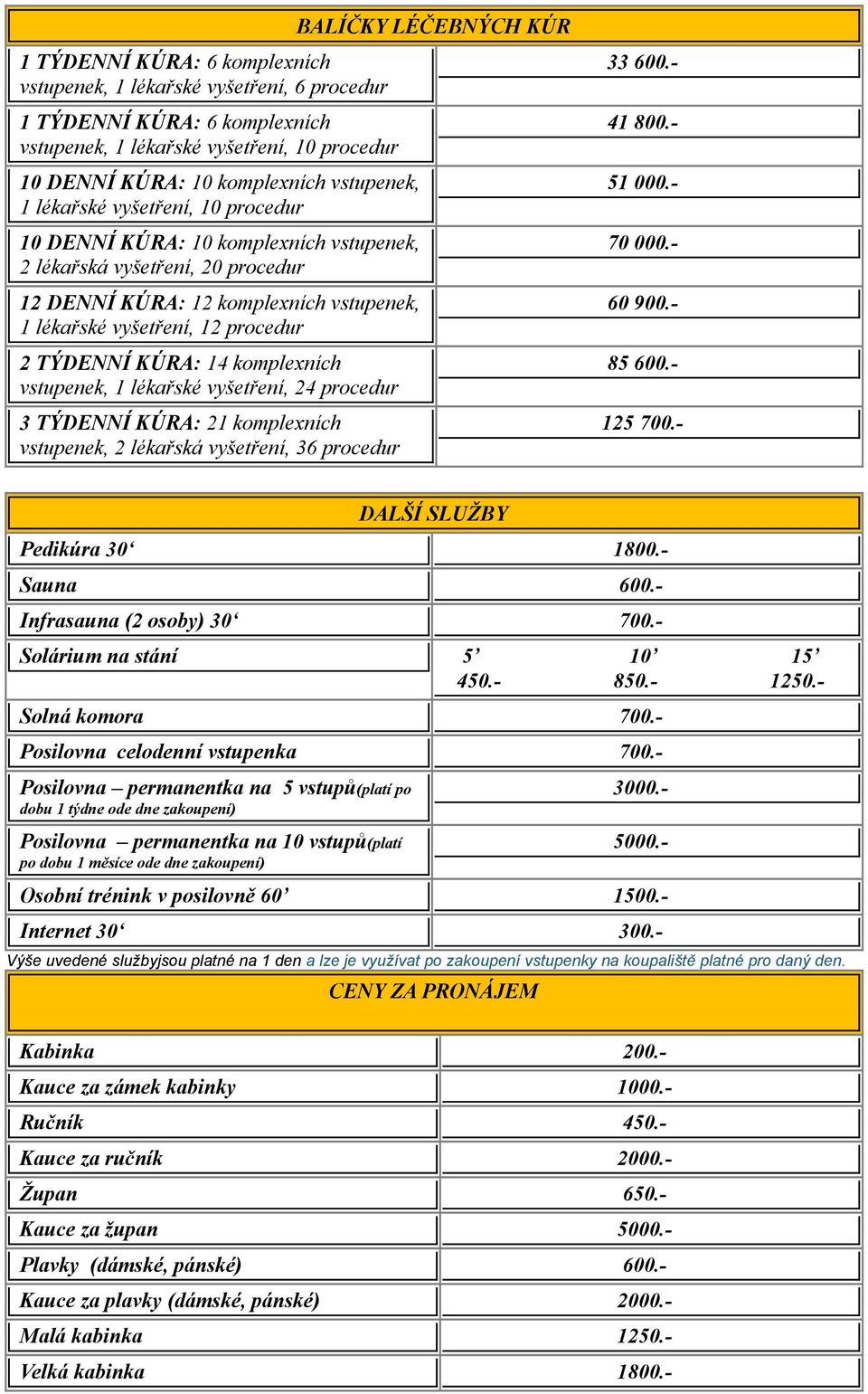 14 komplexních vstupenek, 1 lékařské vyšetření, 24 procedur 3 TÝDENNÍ KÚRA: 21 komplexních vstupenek, 2 lékařská vyšetření, 36 procedur BALÍČKY LÉČEBNÝCH KÚR 33 600.- 41 800.- 51 000.- 70 000.
